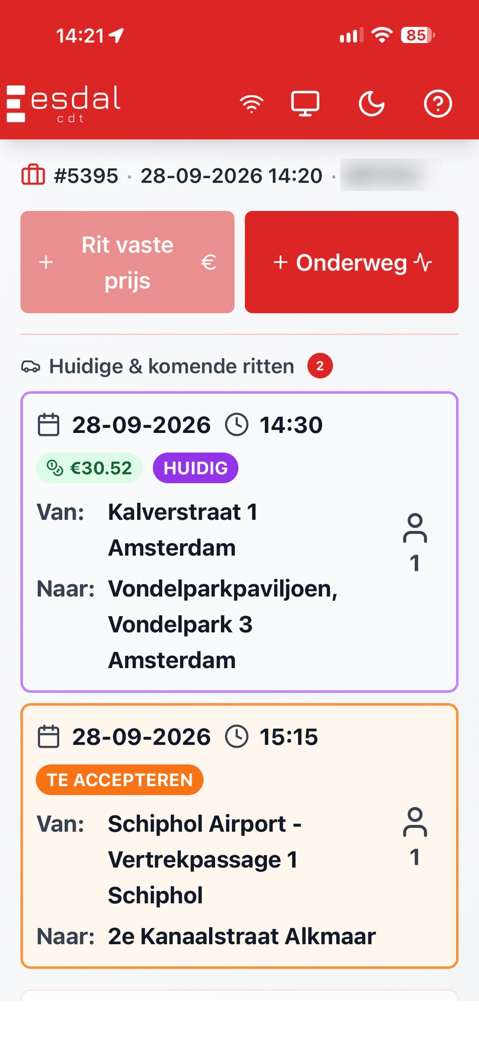 Esdal CDT — onderweg, met de lopende rit en de volgende